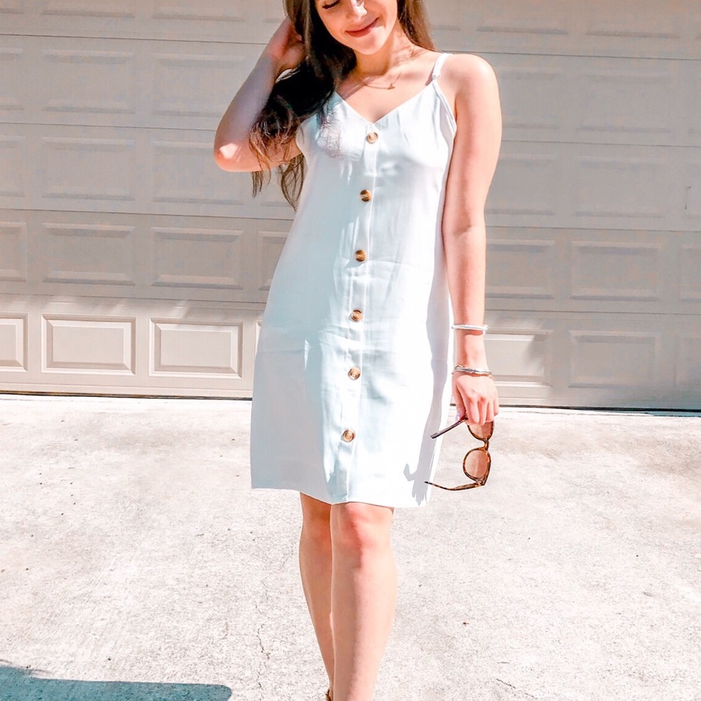 White Adjustable Straps Button Down Dress